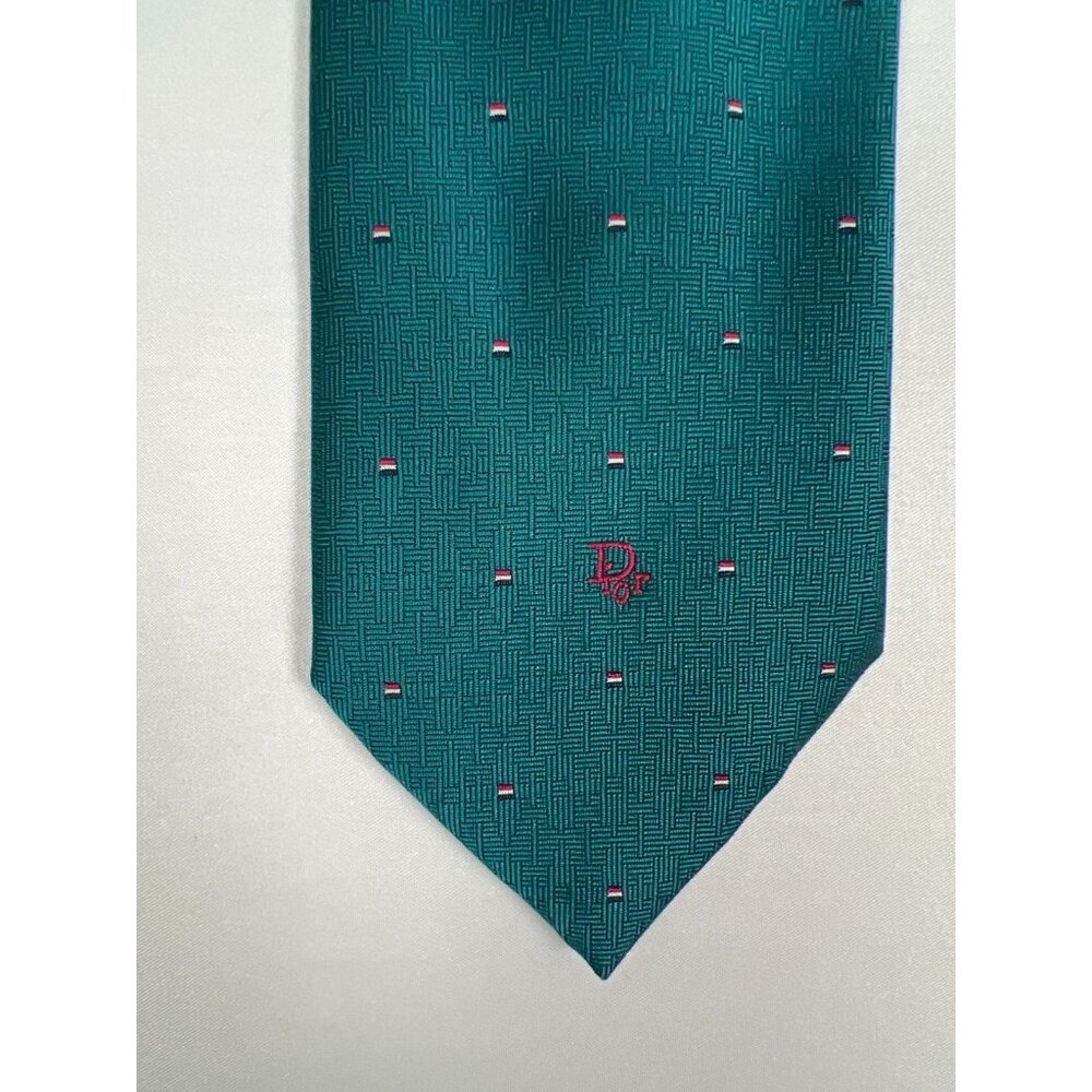 Vintage Christian Dior Monsieur Teal Silk Geometric Logo Tie Made in USA